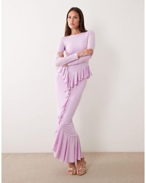 Ruched & Ready Sculpting Long Sleeve Ruffle Drape Detail Maxi Dress - Purple