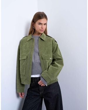 TOPSHOP Faux Suede Quilted Lined Bomber Jacket With Popper Details - Green