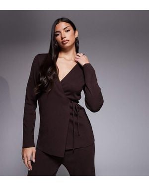 Kaiia Exclusive Ribbed Knit Wrap Tie Front Top Co-ord - Grey