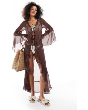 Miss Selfridge Beach Chiffon Maxi Kimono Cover Up - Brown