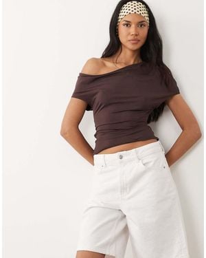 ASOS Short Sleeve Off Shoulder Top With Tie Detail Top - Brown