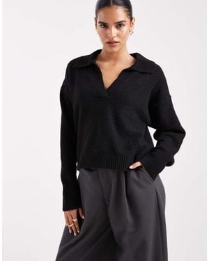 Monki Long Sleeve Collar Polo Knitted Jumper - Black