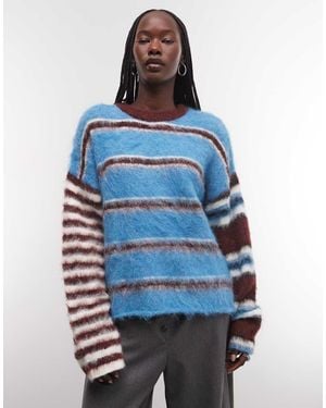 The Ragged Priest Oversized Fluffy Mix Match Stripe Jumper - Blue