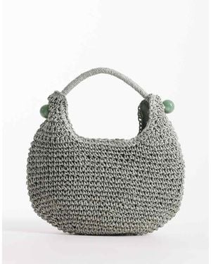 ASOS Straw Hand Crochet Scoop Grab Clutch Bag With Resin Ball Detail - Grey