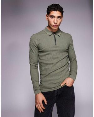 River Island Muscle Fit Textured Zip Knitted Polo - Grey