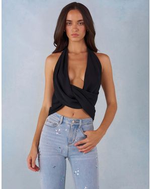 Oh Polly Halter Neck Twisted Detail Chiffon Top - Blue