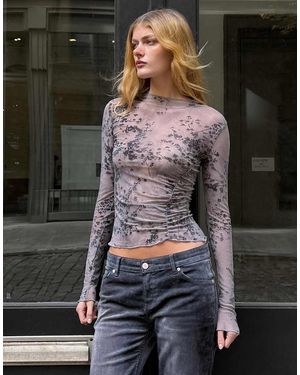 Bershka Ruched Tulle Long Sleeve T-shirt - Grey
