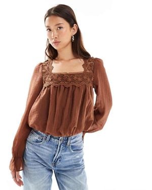 New Look Bubble Hem Lace Blouse - Brown