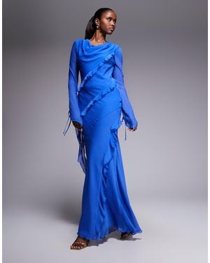 DASKA Chiffon High Cowl Neck Frill Detail Maxi Dress - Blue
