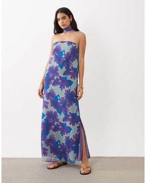Mango Teen Neck Detail Off Shoulder Maxi Dress - Blue