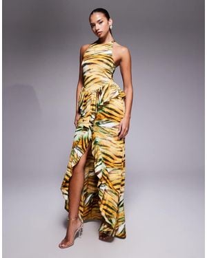 AFRM Slinky Racerneck Ruffle Detail Front Split Maxi Dress - Metallic