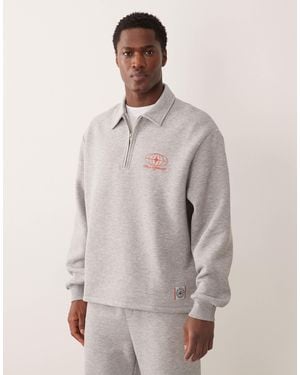 ASOS Relaxed Fit Quarter Zip Polo Sweatshirt With Woven Label - Gray