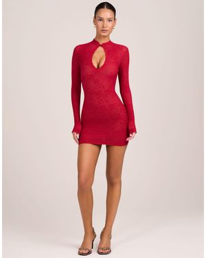 Oh Polly Lace Mesh Mandarin Collar Mini Dress - Red