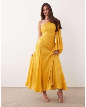 ASOS Crinkle Satin One-shoulder Drape Midaxi Dress With Blouson Sleeve - Yellow