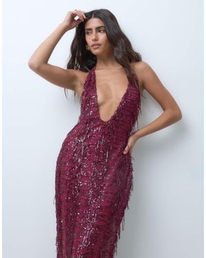 ASOS Sequin Tassel Deep Plunge Maxi Dress - Red