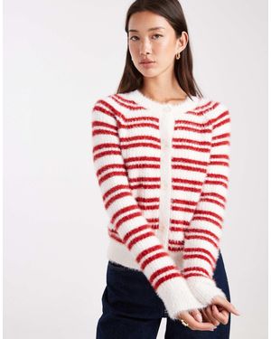 Threadbare Crew Neck Fluffy Cardigan - Red
