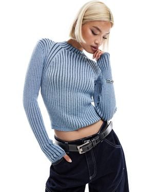 Monki Long Sleeve Knitted Two Tone Top - Blue