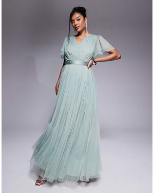 ANAYA Faux Wrap Short Sleeve Bridesmaid Maxi Dress - Blue