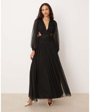 LACE & BEADS Plunge Drop Hem Tulle Maxi Dress - Black
