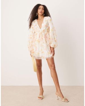 Gina Tricot Long Sleeve V Neck Mini Dress - Natural
