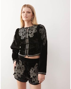 Miss Selfridge Embroidered Puff Sleeve Velvet Jacket - Black