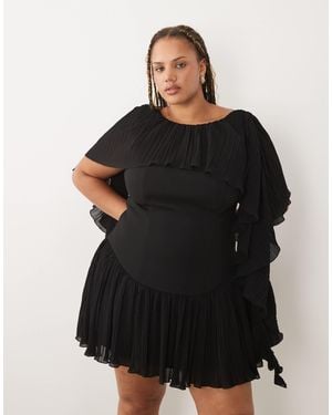ASOS Curve Pleated Shoulder Drape Structured Mini Dress With Frill Skirt - Black