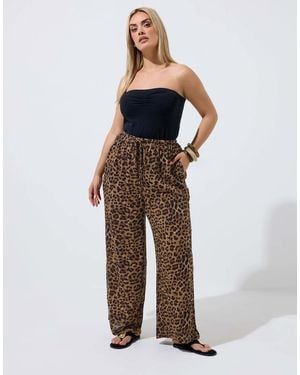 Yours Clothing Leopard Crinkle Wide Leg Trousers - Brown
