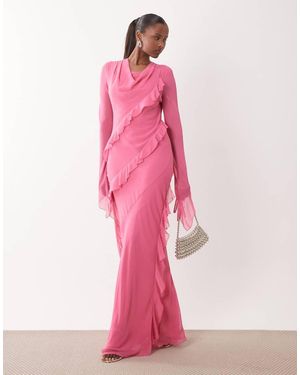 DASKA Vestido Largo Con Cuello Subido Desbocado Y Detalle De Volantes De Chifón De - Rosa
