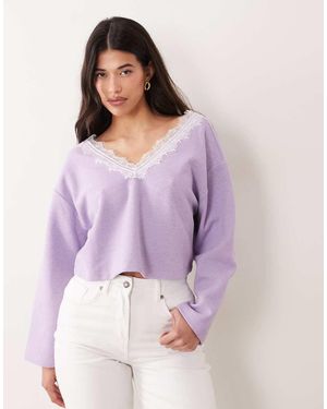 Miss Selfridge Brushed Rib V-Neck Top With Lace - Purple