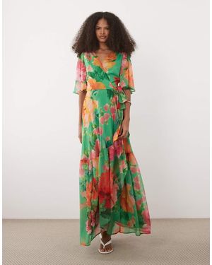 Hope & Ivy Flutter Sleeve Maxi Wrap Dress With Tie Waist - Green
