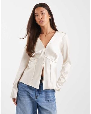 ASOS Tie Front Long Sleeve Satin Top - White