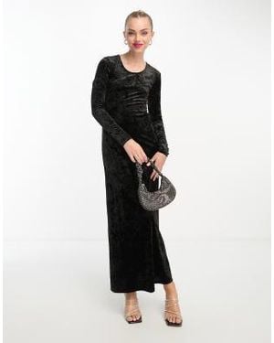 Monki Crushed Velvet Long Sleeve Maxi Dress - Black