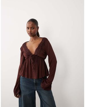 ASOS Crinkle Lace Trim Plunge Top With Flare Sleeve - Brown