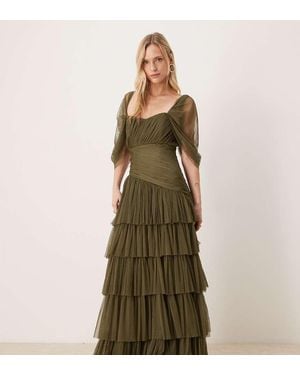 LACE & BEADS Asymmetric Ruffle Tulle Maxi Dress - Green