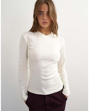TOPSHOP Top Met Lange Mouwen En Micro V-Hals - Wit