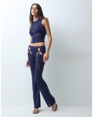I.AM.GIA Amina Sheer Mesh Devore Floral Cutout Trousers Co-ord - Blue