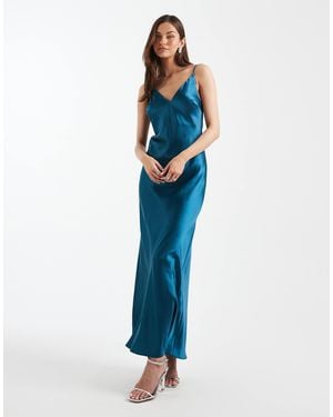 ASOS Asos Design Tall V Neck Cami Satin Slip Midi Dress - Blue