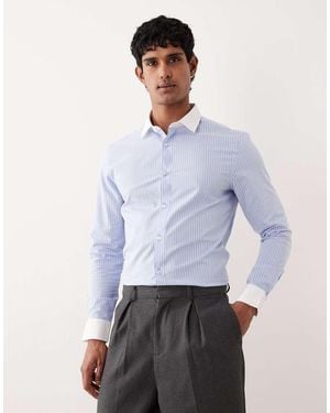 ASOS Easy Iron Slim Poplin Stripe Shirt With Contrast Collar - White