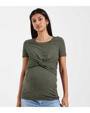 Mama.licious Mamalicious Maternity Ribbed Jersey Twist Front T-shirt Dark Khaki - Green
