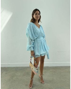 Never Fully Dressed Sophie Ella Tiered Ruffle Tie Waist Balloon Sleeve Mini Dress - Green
