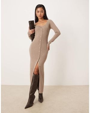 Abercrombie & Fitch Long Sleeve V Neck Fitted Maxi Dress - Natural