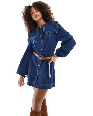 Miss Selfridge Oversized Collar Long Sleeve Denim Dress - Blue
