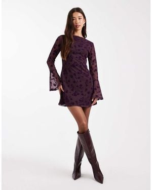 ASOS Flocked Floral Mini Dress With Flute Sleeve - Purple