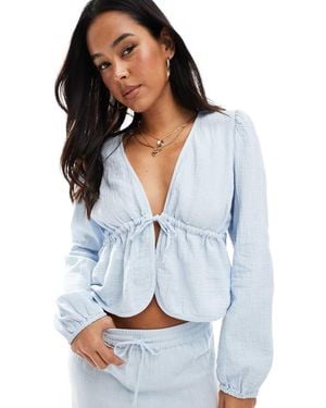 Pieces Crinkle Cotton Tie Front Cropped Blouse Co-ord - Blue