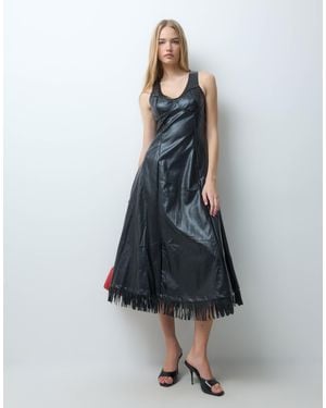 Ghospell Robe mi-longue à détail poitrine avec ourlet à franges e - Bleu