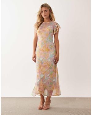 Never Fully Dressed Petite Frida Mesh Frill Sleeve Maxi Dress - Natural