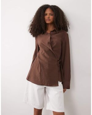 Mango Linen Mix Long Sleeve Shirt With Side Tie - Brown