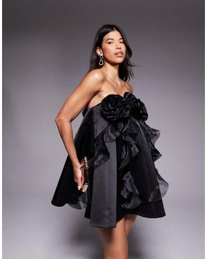ASOS Organza Bandeau Mini Dress With 3d Flower Detail - Black