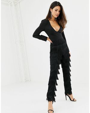 Lavish Alice Tuta jumpsuit nera con scollo profondo sul davanti e frange sui pantaloni - Nero