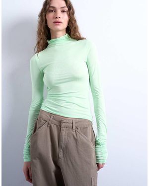 TOPSHOP High Neck Viscose Long Sleeve Top - Green